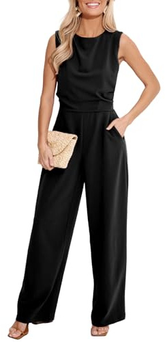 CUPSHE Mono para mujer con cuello redondo, sin mangas, plisado, piernas anchas, con bolsillos, elegante, Negro , S
