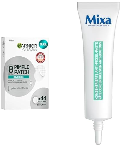 SOS Anti-Pickel Set für schnelle Linderung: Garnier Pimple Patches für unsichtbare Abdeckung & sichtbare Milderung in 8 Stunden und Mixa Anti-Pickel-Paste für gezielte Unreinheitenmilderung