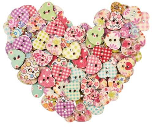 SOFPLATE 100Pcs Heart Shaped Wooden Buttons Vintage Craft Buttons 2 Hole Rustic Colorful Assorted Pattern Printed Wood Small Decorative Sewing Accessories for DIY Clothes Crochet Scrapbook DIY Decor