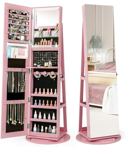 COSTWAY Smyckesskåp med spegel, helkroppsskåp, LED-spegelskåp, utan ram, smyckesorganisatör, 360° roterbar, låsbar, smyckesförvaring (rosa)