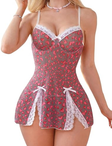 Aranmei Lencería sexy, babydoll de encaje, ropa de dormir con cuello en V, vestido de noche para el día de San Valentín para mujer