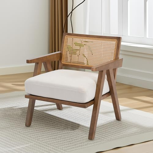 GarveeHome Comfy Rattan Back Accent Chair for Living Room,Mid Century Modern Armchair, Thick Cushion, Sturdy Wood Legs, Stylish Lounge Chair for Bedroom or Home Decor, Easy Assembly