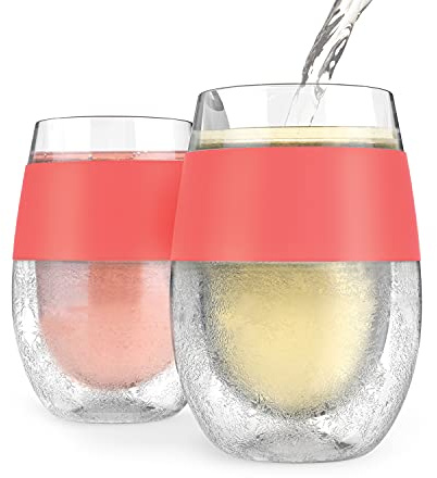 Host Wine Freeze Cup Set of 2 - Plastic Double Wall Insulated Wine Cooling Freezable Drink Vacuum Cup with Freezing Gel, Wine Glasses for Red and White Wine, 8.5 oz Coral