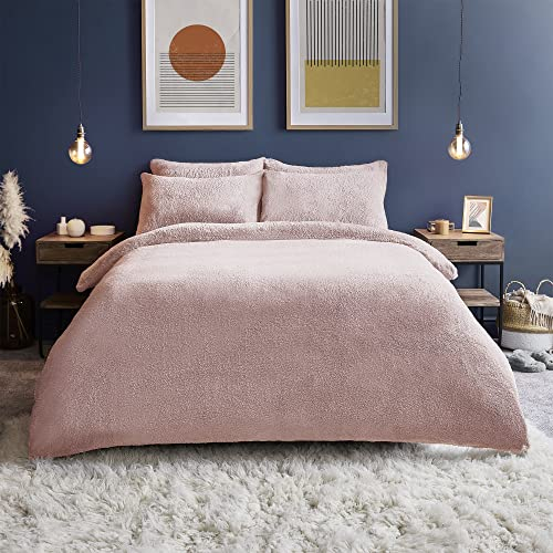 Silentnight Teddy Fleece Duvet Set – Teddy Bear Bedding Fluffy Fleece Duvet Cover and Pillowcase Set Warm Cosy and Super Soft – Double – 200x200cm – Blush Pink