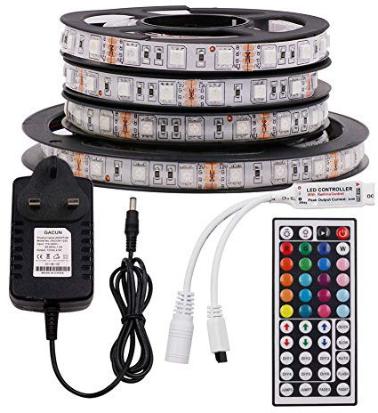 GQL 12V RGB LED Strip Lights, 5050 60LEDs Strips Self Adhesive Tape, 44 Key Remote IR Controller + UK Power Supply Rope Light Kit-IP21 Waterproof (3m, Not Waterproof)