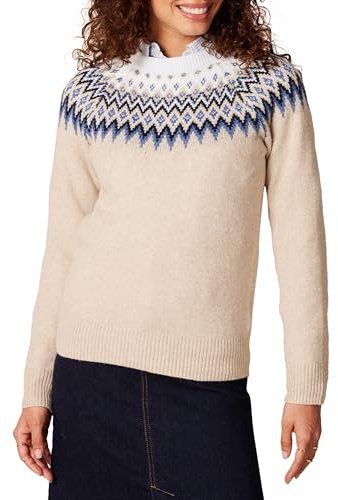 Amazon Essentials Jersey suave al tacto con cuello redondo y estampado isla Fair Mujer, Azul Gris Topo Mezcla Blanco Estampado Navideño, S