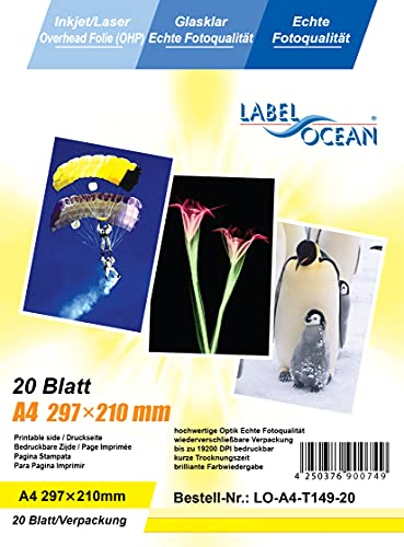 20 Blatt A4 Overheadfolie (OHP Transparentfolie Transparentpapier) für Inkjetdrucker, schwarz/Weiss Laserdrucker und Farblaserducker