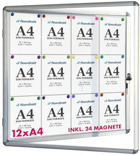 Floordirekt Bacheca da parete 12 x DIN A4 con cornice in alluminio e vetro acrilico, inclusa bacheca magnetica e retro scrivibile per annunci Infokasten Aushang Aushangkasten con retro magnetico e