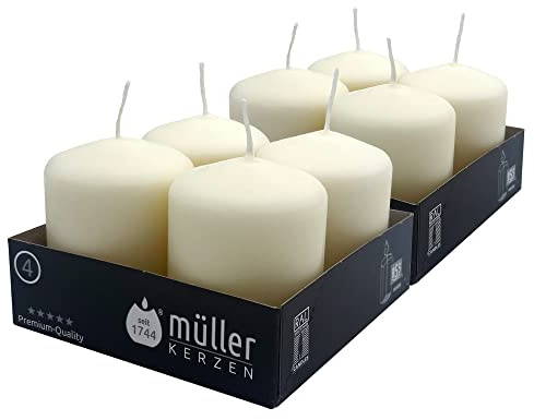Müller Kerzen - Lot de 8 Bougies Piliers Ivoire - Ø 48 x 62 mm - 10 Heures Longue Durée - Cire Non Parfumées, Ne Coulent Pas, Sans Fumée - Bougie Deco Pour la Maison, Mariage - Qualité RAL