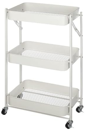Urban Lifestyle 3 Tier Foldable Metal Rolling Storage Utility Cart, No Tools Assembly, White