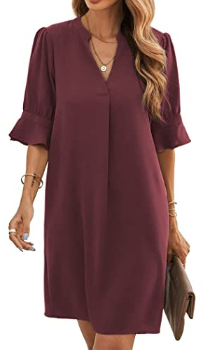 Famulily Robe chemise à manches mi-longues et col en V pour femme, élégante, été, décontractée, couleur unie, robe courte S-XXL, bordeaux, M