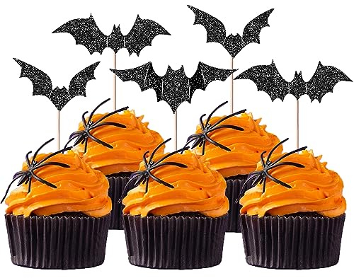 Xsstarmi 30 Pack Halloween Bat Cupcake Toppers Black Glitter Bat Cupcake Picks Decorations for Halloween Theme birthday Party Cake Decorations