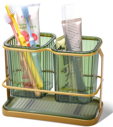 KONE Green Toothbrush Holders for Bathrooms, 2 Cups Toothbrush Holders Wall Mounted, Dry & Wet Separation, Bathroom Organizers and Storage, Bathroom Toothbrush Holder Set for Family Kids