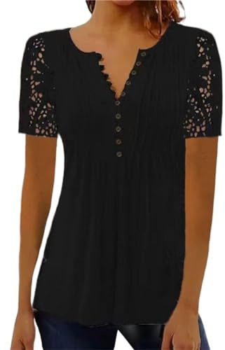 BISKAMY Tops for Women UK V Neck Summer Short Sleeve T-Shirt Lace Floral Printed Tunic Blouse Shirts Plus Size Casual Elegant Ladies Tops