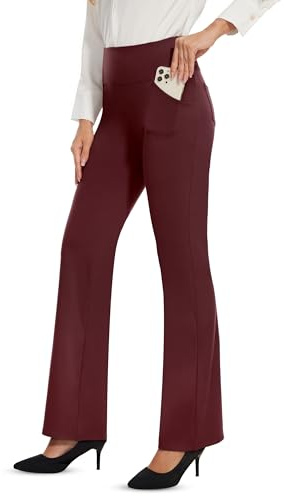 Desol Pantalon évasé taille haute pour femme pour le travail, contrôle du ventre avec 4 poches, pantalon décontracté pour le bureau, bordeaux, Taille XL