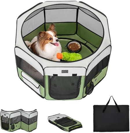 PETSFIT Cat Pen, Anti-Leakage Bottom, Foldable, Collapsible Puppy Playpen, Chewproof Design, Dog Playpen Indoor, 91 × 84 × 53 cm, Green