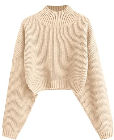 ZAFUL Women's Cropped Turtleneck Sweater Lantern Sleeve Ribbed Knit Pullover Sweater Jumper (1-Apricot, M)
