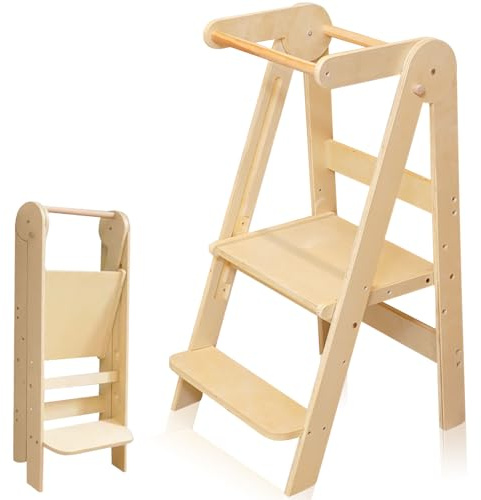 Lighterday Wooden Learning Tower 3-Level Height Adjustable Step Stool,Foldable Toddler Kitchen Helper,1-6 Years Kids Step Stool for Bathroom Kitchen Living Room