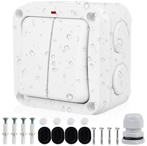 Universalschalter Wetterfester Schalter Doppelschalter: IP66 Wetterfester Schalter Lichtschalter mit Kontrollleuchte & Unabhängigem Schalter, 16A Wasserdicht Doppelschalter für Outdoor Garten Balk