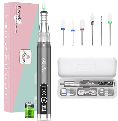 Kredioo Nail Drill 35000RPM Cordless Electric Nail File Professional Portable Compact Nail Drill Machine E File with LED Display for Acrylic Gel Nails Salon Manicure Pedicure Grey