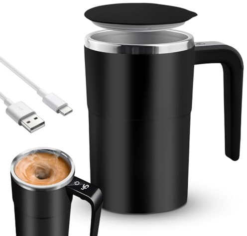 Piashow Elektrische Automatische Selbstrührende Kaffeetasse - 380 ml, mit Griff, Thermobecher mit Temperaturanzeige, 304 Edelstahl Magnetischer Rührbecher für Kaffee und Protein-Shakes, Schwarz