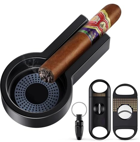 JDIME Coupe-cigares V-Cut Double lame Perforatrice Cendrier de poche en métal Étui à outils de fumage en acier inoxydable Noir