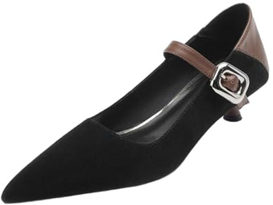 Generico Scarpe Donna Mary Jane Kitten Heel Punta Affusolata Cinturino Caviglia Regolabile Fibbia Pelle Scamosciata Comfort Suola Antiscivolo Ufficio Festa Quotidiano,Nero,37 EU