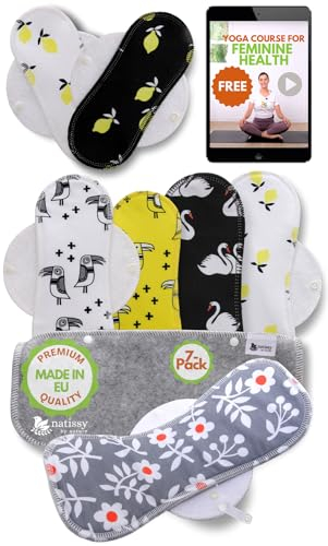 Compresas reutilizables en algodón orgánico para flujo menstrual ligero y abundante (S+M+L+XL, 7 uds); lavables a alta T°, HECHAS EN LA UE; suaves, no irritantes y cómodas, compresas tela para mujeres