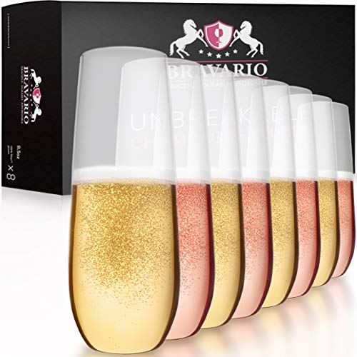 Bravario Sektgläser aus Kunststoff, robust, unzerbrechlich, ohne Stiel, BPA-frei, wiederverwendbar, 240 ml, 8 Stück