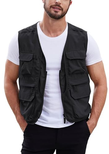 Gihuo Men's Utility Fishing Vest Lightweight Outdoor Work Safari Travel Cargo Vest with Multi-Pockets (US, Alpha, Medium, Regular, Regular, Black)