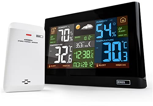 EMOS Wetterstation - Drahtloses System mit Farbdisplay, zur Wettervorhersage, für drinnen & draußen - Überwacht Zeit, Datum, Temperatur, Luftfeuchtigkeit, Luftdruck - 12-24 Stunden Vorhersage