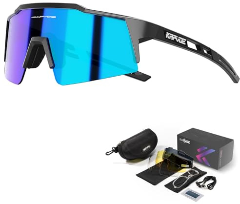 KAPVOE Gafas de Ciclismo Polarizadas con 4 Lentes Intercambiables Mujeres Hombres TR90 Gafas de Sol Deportivas Running MTB Bicicleta Accesorios 01 Azul Negro