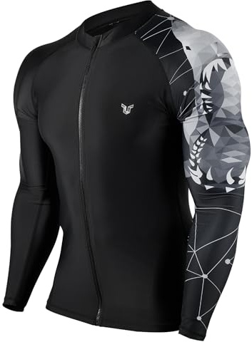 HUGE SPORTS Men's Swim Shirts Long Sleeve Zip Rash Guard UPF 50+ Sun Protective Quick Drying, Shark, X-Large