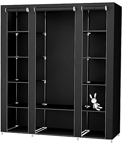 RELOVE Armario para ropa sucia con barra para colgar ropa de lona con revestimiento de tela XL armario de camping con barra para ropa, 175 x 150 x 45 cm, color negro