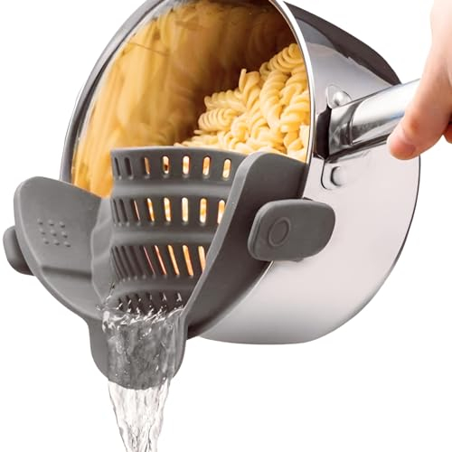 FMH PREMIUM Nudelsieb BPA frei - Küchensieb für Topf, Pfanne und Schüssel - Küchenhelfer Sieb Küche als perfekte Abgießhilfe - Gadget für den Haushalt, spühlmaschinenfest (grau)