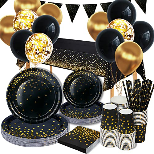 Platos Vajilla para Fiestas Cumpleaños, 25 Invitados Vajilla con Globos, Platos y Vasos de Papel, Servilletas, Paja, para Fiestas, Boda, Aniversarios, Halloween, Navidad, 140 piezas, Negro y Oro
