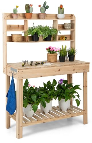 HOMASIS Pflanztisch aus Holz, Gartentisch mit klappbarer Tischplatte, Outdoor wetterfest, Arbeitstisch mit 3 Haken, Schubladen & Ablagen, Blumentisch für Terrasse Garten Balkon, 108x50x153cm, Natur