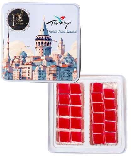 Turkish Delight Halal Sweets Snacks Gift Set by Parahon Traditional Turkish Treats for Women & Men for Tea or Coffee Sweets in Luxury Tin Box (Rose Lokum Without Cashew Nuts 500g)