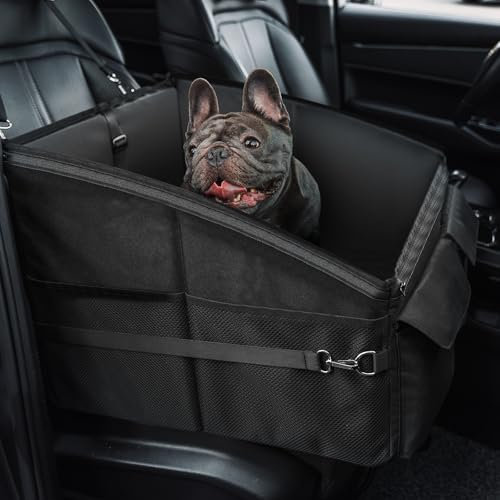 OneTigris Autositz für Kleine bis Mittlere Hunde - Sicherheitssitz mit Aufbewahrungstaschen, Anschließbarer Leine und Zwei Einstellbaren Höhen - Waschbar