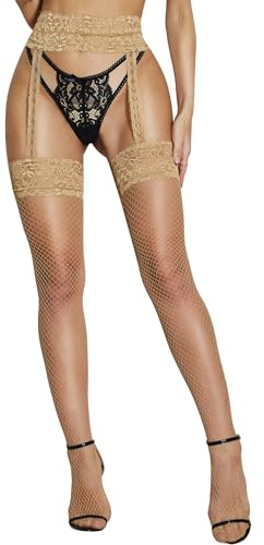 RSLOVE Fishnet Stockings for Women - Sexy Thigh High Fishnets High Waist Garter Belt Silicone Suspender Pantyhose Skin