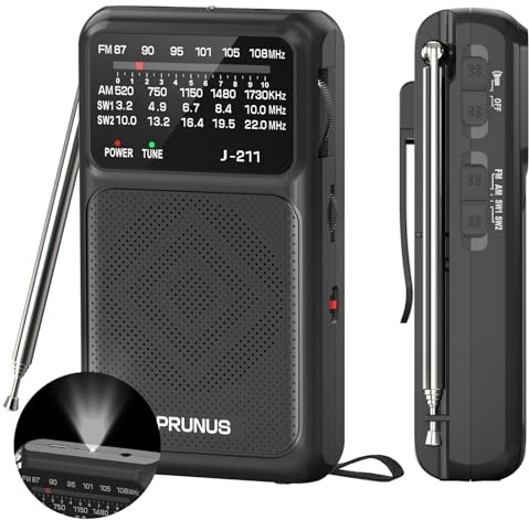 Prunus J-211 Am/SW/FM Transistor Radio Pilas AA y Carga USB-C, Radio Portatil Pequeña con Excelente Recepción, Toma de Auriculares y Altavoz Nítido, Radio de Bolsillo con Clip para Caminar, Viajar.