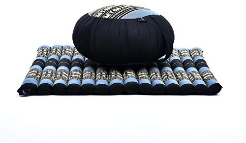 LEEWADEE Meditation Cushion Set – 1 Round Zafu Yoga Pillow and 1 Square Roll-Up Zabuton Mat Filled with Eco-Friendly Kapok, blue