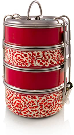 Indian-Tiffin Waswan Enamelware Collection Tiffin indien 4 niveaux Peint à la main Rouge