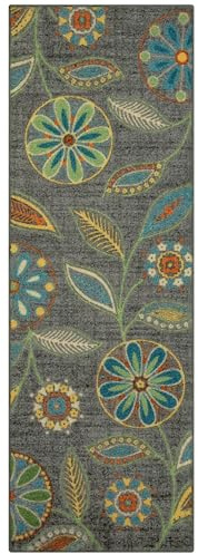 Maples Rugs Reggie Floral Runner Rug - Made in USA - Washable, Non Slip Indoor Carpet for Kitchen, Hallway, and Laundry Room, 2' x 6', Dark Grey