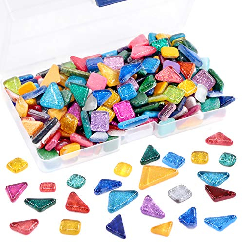 Swpeet 1 Pound Mixed Colors Shine Crystal Series Mosaic Tiles Assortment Kit - Square and Triangle Genuine Glitter Crystal for Home Decoration Crafts