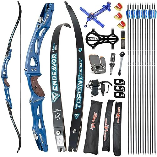 AMEYXGS Bogenschießen Takedown Recurvebogen 68 Langbogen für Wettkampf Aluminium Bogengriff ILF Bogengliedmaßen 18-44LBS Bogenschießen Set Erwachsene Bogen (Blau, 34LBS)