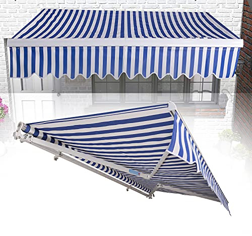 Ikodm Tenda da Sole a Bracci Estensibili Avvolgibile da Esterno 350x300cm, Tendalino a Scomparsa Manuale per Balcone e Terrazzo, Alluminio/Poliestere, Anti-UV, Blu e Bianco