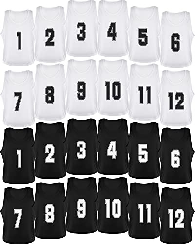 Silkfly 24 Pack Pinnies Scrimmage Vests Youth Team Practice Vests Numbered Mesh Soccer Practice Jersey Training Vest(Black, White)
