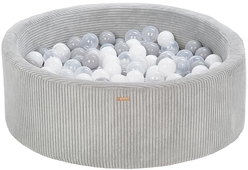 Bällebad Bällepool Bällebecken Spielbecken Kordsamt-Bezug 200 Bälle rund ⌀90 cm (Farbe des Pools/der Bälle: grau/weiß, transparent, grau)