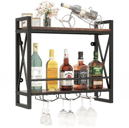 TANGZON Wall Mounted Wine Rack, 2/3 Tier Floating Wine Shelves with Glass Holders, Metal Frame Bottle Display Storage Organizer for Kitchen Dining Living Room, Rustic Brown (2 tier, 60 x 20 x 55cm)